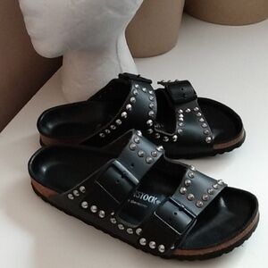 Birkenstock Arizona Sales Studded Black Leather Slip Sandals Sz 7 - 38